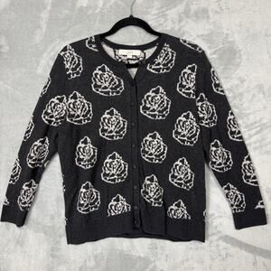 Ann Taylor Loft Cardigan Women Size Large Gray Rose Pattern Long Sleeve